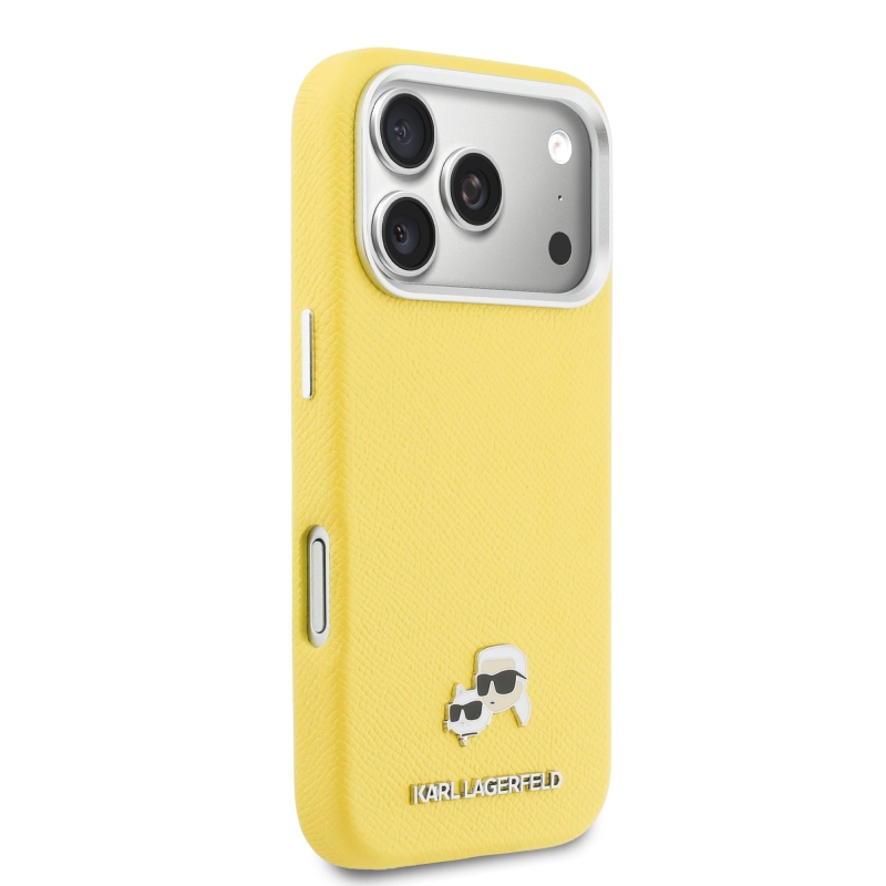 Karl Lagerfeld PU Karl and Choupette Heads Pins MagSafe zadný kryt pre iPhone 17 Pro Yellow
