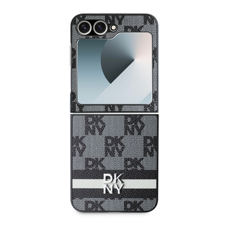 DKNY PU Leather Checkered Pattern and Stripe Zadný Kryt pre Samsung Galaxy Z Flip 6 Black