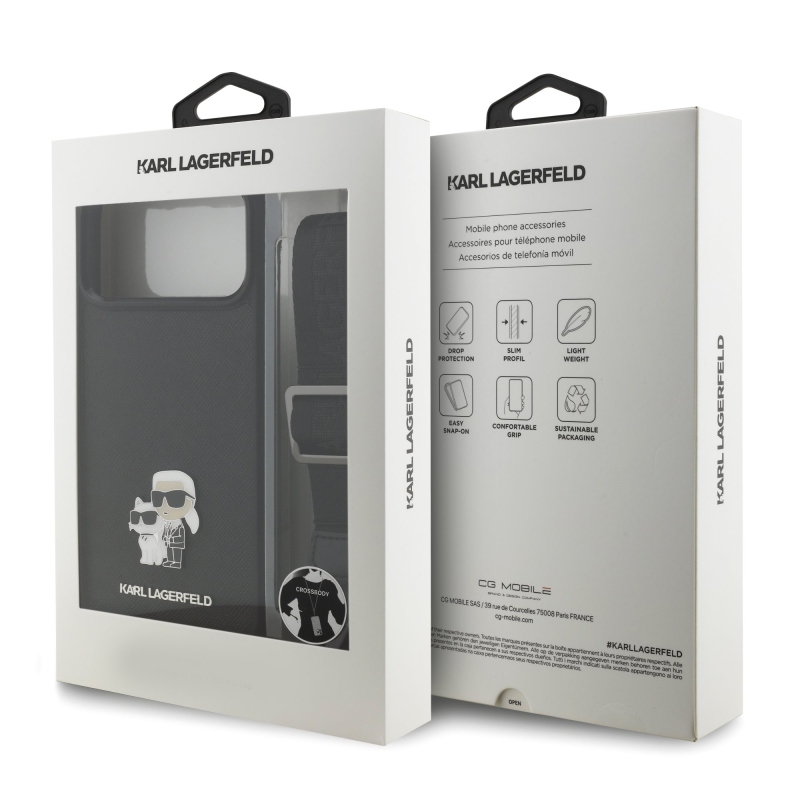 Karl Lagerfeld Saffiano Crossbody Strap Metal Karl and Choupette Zadný kryt pre iPhone 17 Pro Max Black