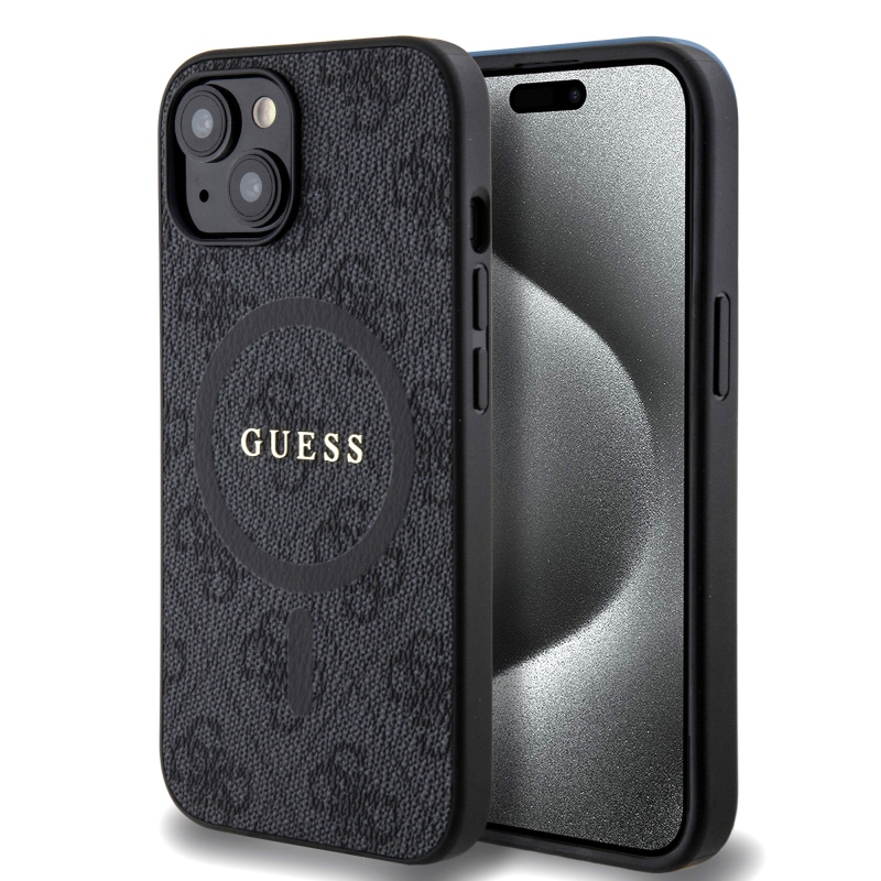 Guess PU Leather 4G Colored Ring MagSafe Zadný Kryt pre iPhone 15 Black