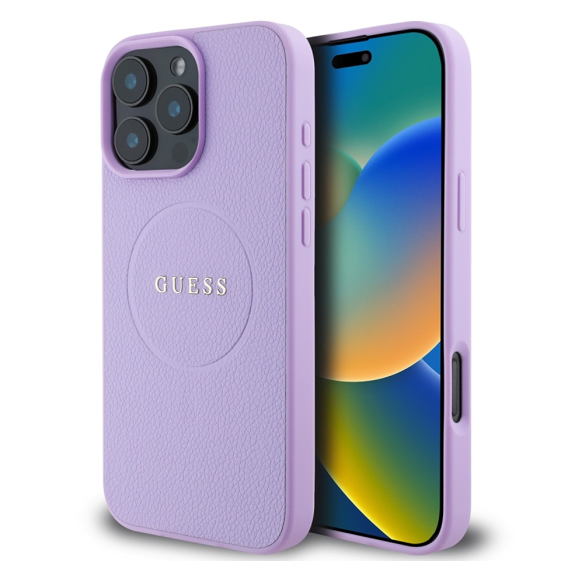 Guess PU Grained Classic Logo MagSafe Zadný Kryt pre iPhone 16 Pro Purple