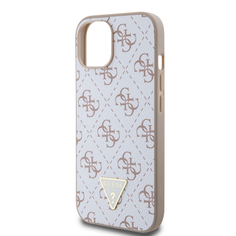 Guess PU Leather 4G Triangle Metal Logo Zadný Kryt pre iPhone 15 White