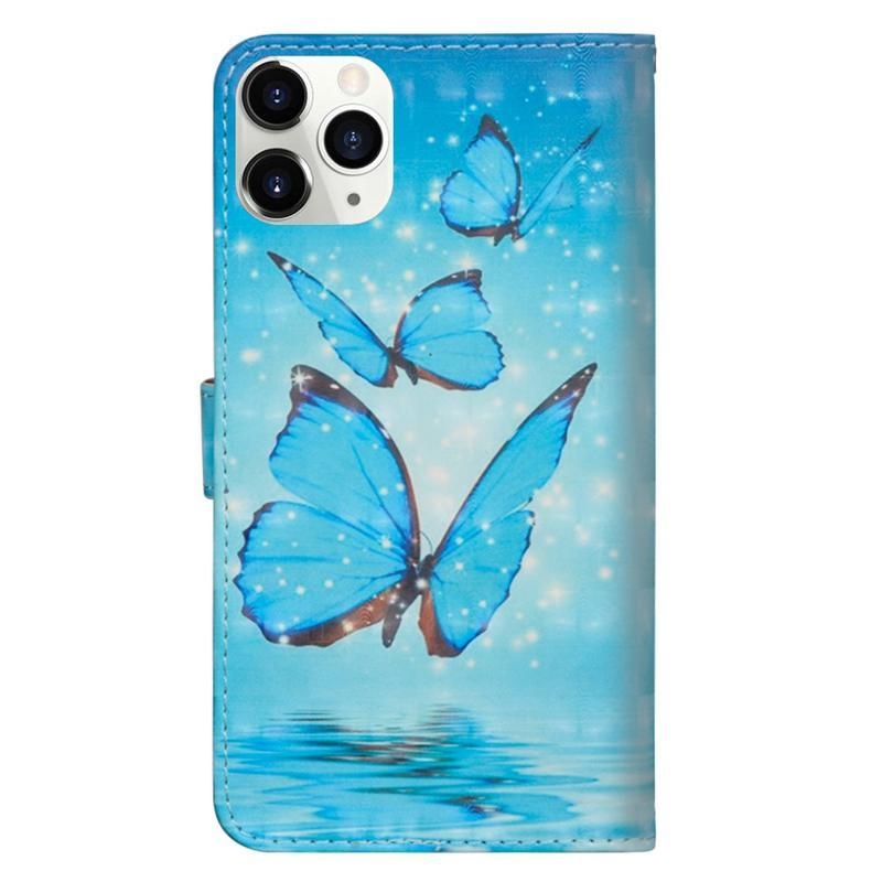 Decor PU kožené peněženkové puzdro na mobil iPhone 12 mini - modrý motýľ