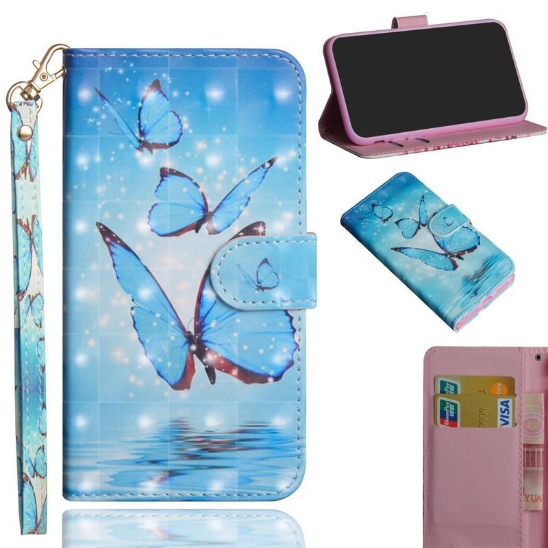 Decor PU kožené peněženkové puzdro na mobil iPhone 12 mini - modrý motýľ