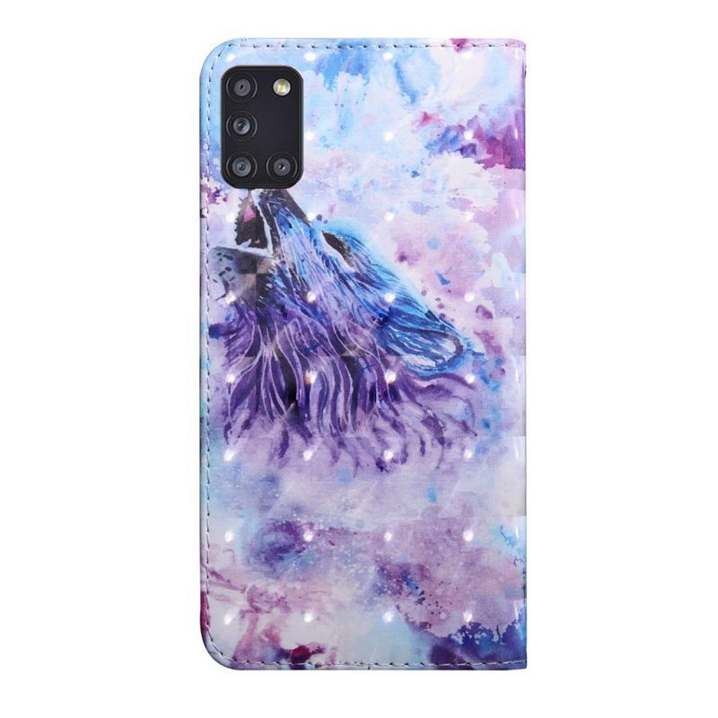 Decor PU kožené peněženkové puzdro na mobil Samsung Galaxy A31 - vyjící vlk