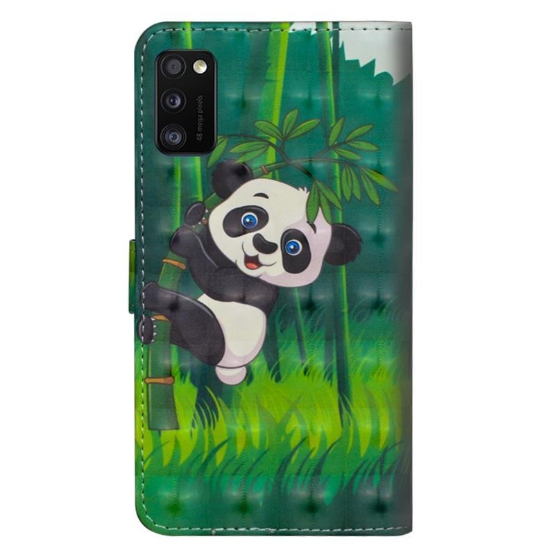 Print PU kožené peněženkové puzdro na mobil Samsung Galaxy A41 - panda na bambuse