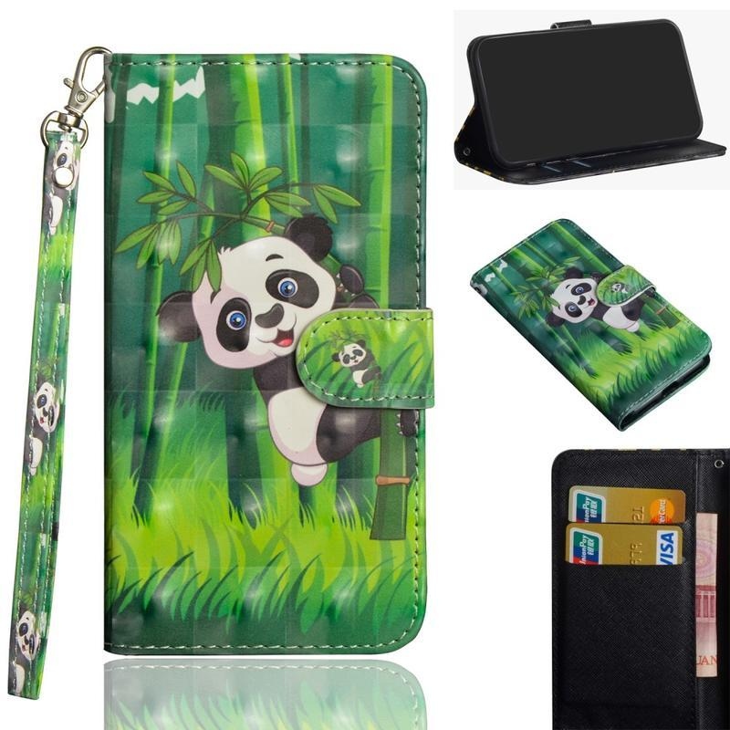 Print PU kožené peněženkové puzdro na mobil Samsung Galaxy A41 - panda na bambuse