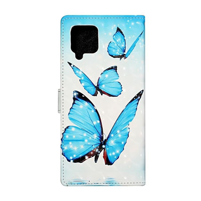 Decor PU kožené peněženkové puzdro na mobil Samsung Galaxy A42 5G - modrí motýle