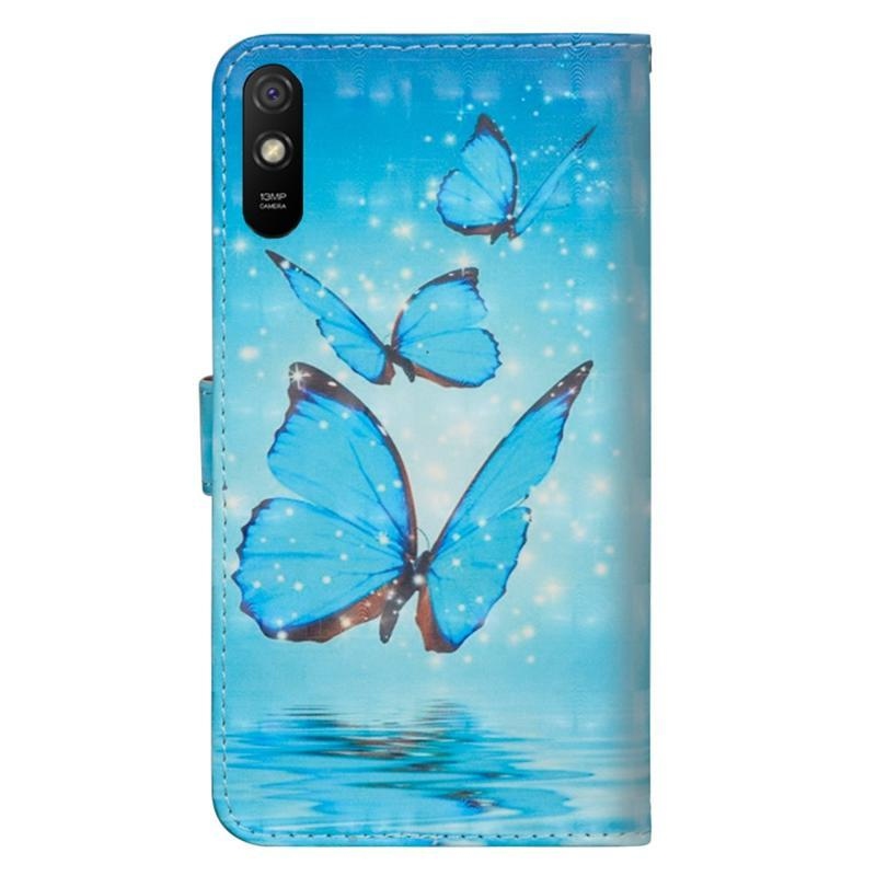 Print PU kožené peněženkové puzdro na mobil Xiaomi Redmi 9A/9AT - modrí motýle