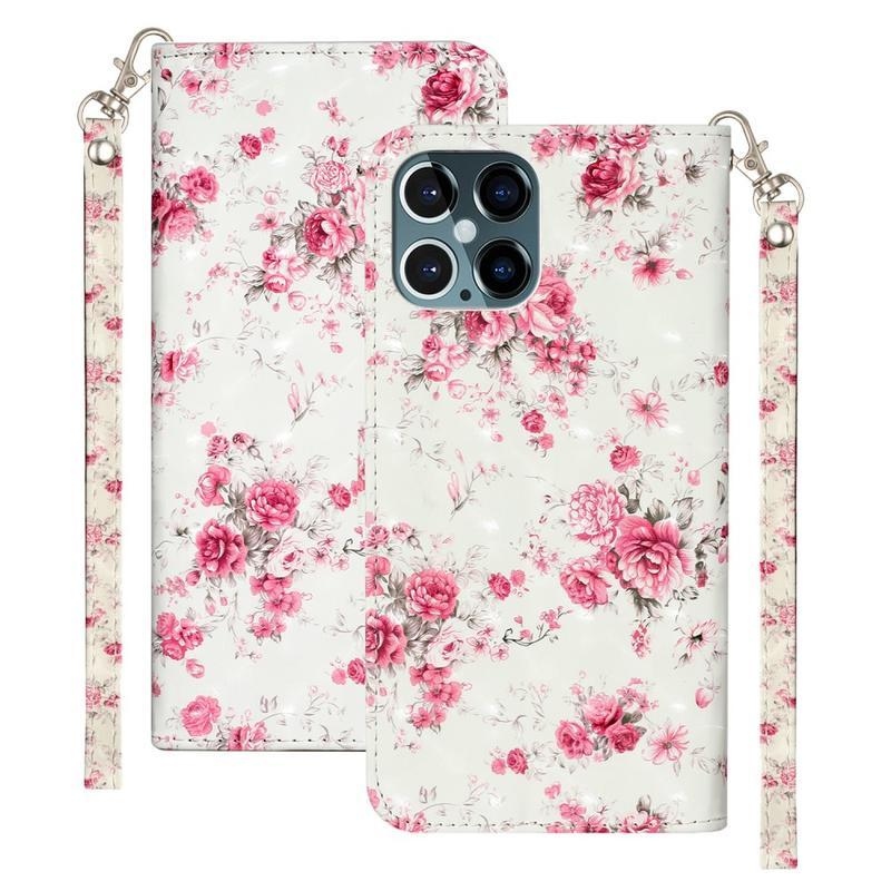 Decor PU kožené peněženkové puzdro pre mobilný telefón iPhone 12 Pro / 12 - kvety