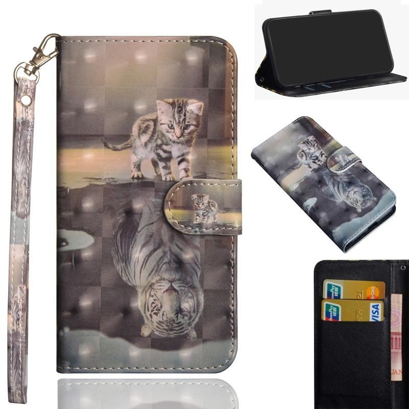 Decore PU kožené peněženkové puzdro na mobil iPhone 12 Pro / 12 - mačka a odraz tigra