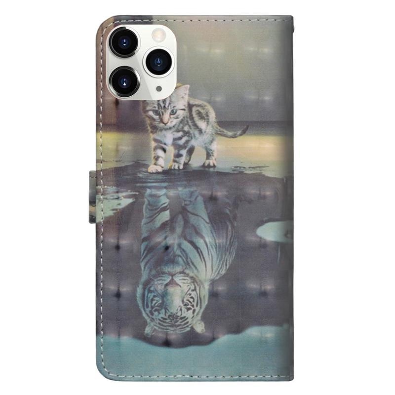 Decore PU kožené peněženkové puzdro na mobil iPhone 12 Pro / 12 - mačka a odraz tigra