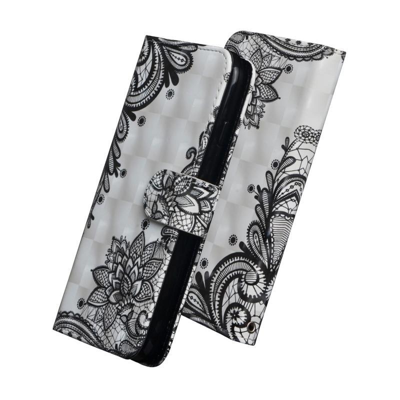 Decore PU kožené peněženkové puzdro na mobil iPhone 12 Pro / 12 - čipkový kvet