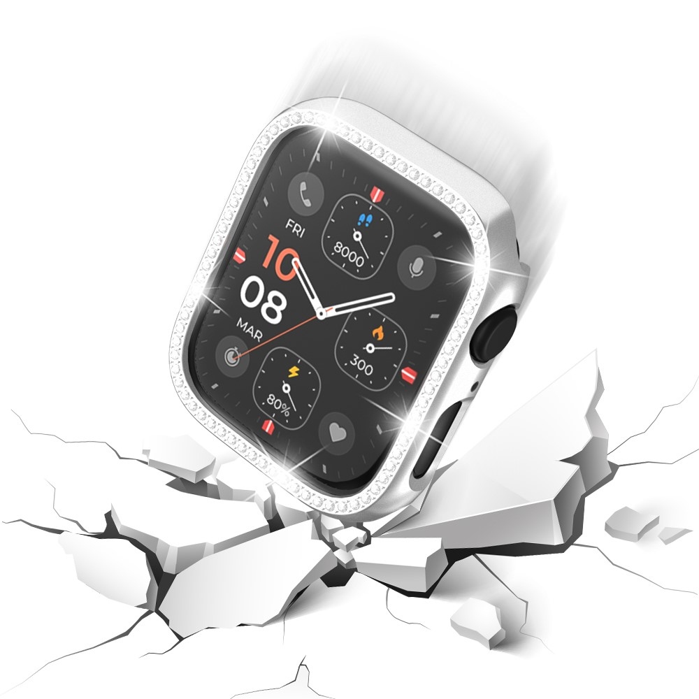 Decory plastové nasadzovacie puzdro s kamienkami na Apple Watch SE3/SE2/SE1/Watch 6/5/4 44mm - strieborné