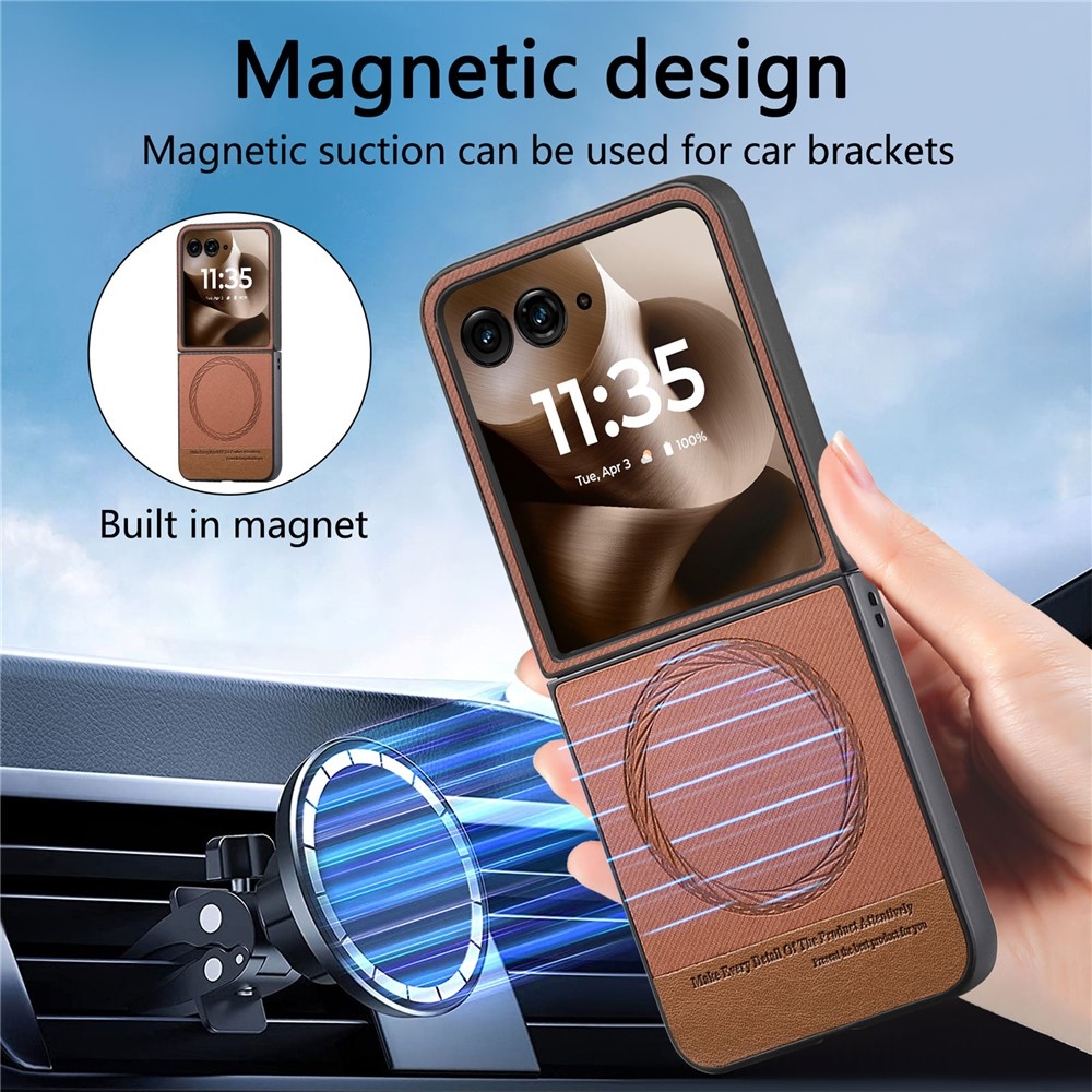 Denim plastový kryt s umelou kožou a MagSafe na Motorola Razr 60 Ultra 5G - hnedý