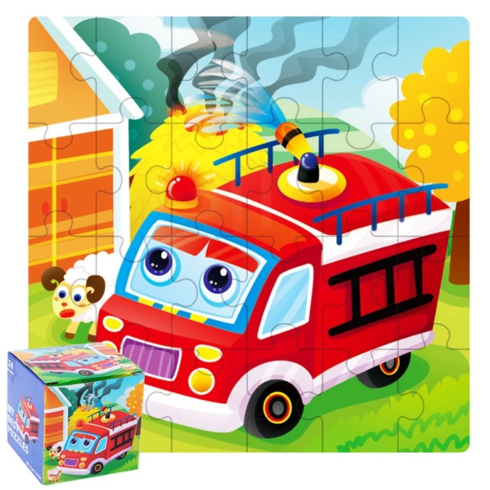Detské drevené obrázkové puzzle 14x14cm (24 dielikov) - hasičské auto