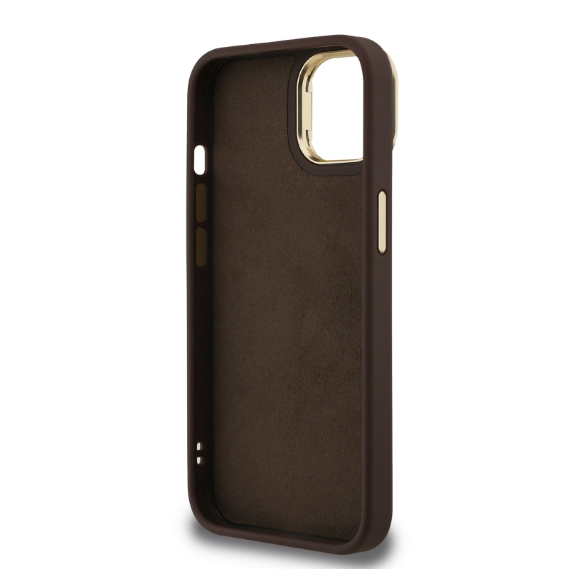 Guess PU 4G Metal Logo Stand Camera Frame Zadný Kryt pre iPhone 14 Brown