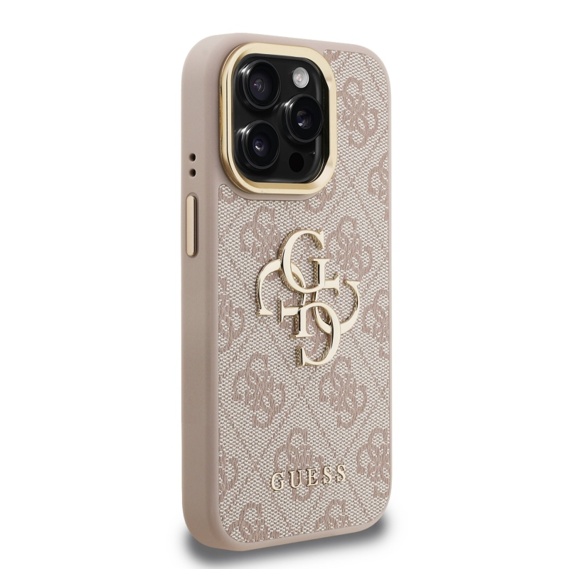 Guess PU 4G Metal Logo Stand Camera Frame Zadný Kryt pre iPhone 15 Pro Max Pink