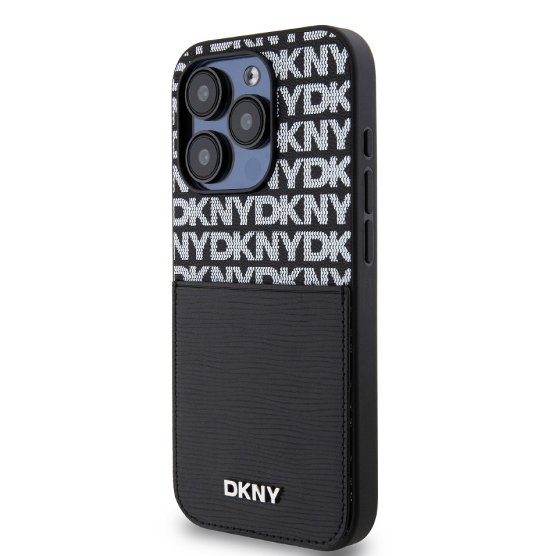 DKNY PU Leather Repeat Pattern Card Pocket Zadný Kryt pre iPhone 15 Pro Max Black