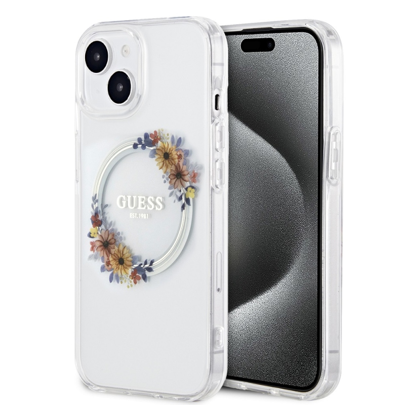 Guess PC/TPU Flowers Ring Glossy Logo MagSafe zadný kryt pre iPhone 15 Plus Transparent