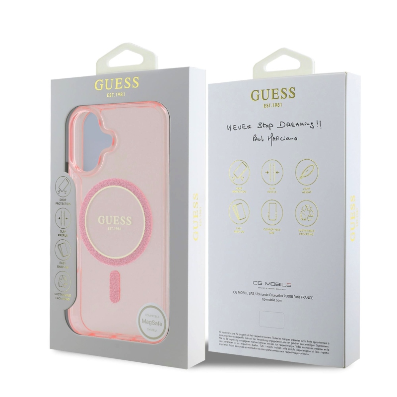 Guess IML Glitter Ring MagSafe Zadný Kryt pre iPhone 16 Pink