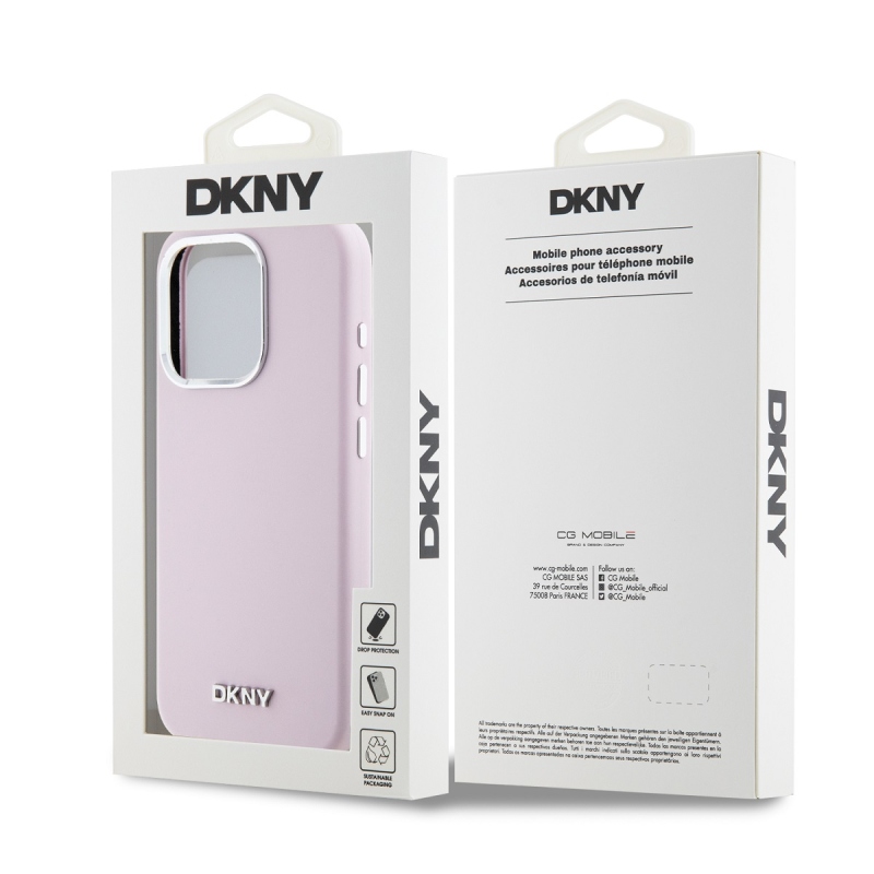 DKNY Liquid Silicone Silver Metal Logo Magsafe Zadný Kryt pre iPhone 15 Pro Pink