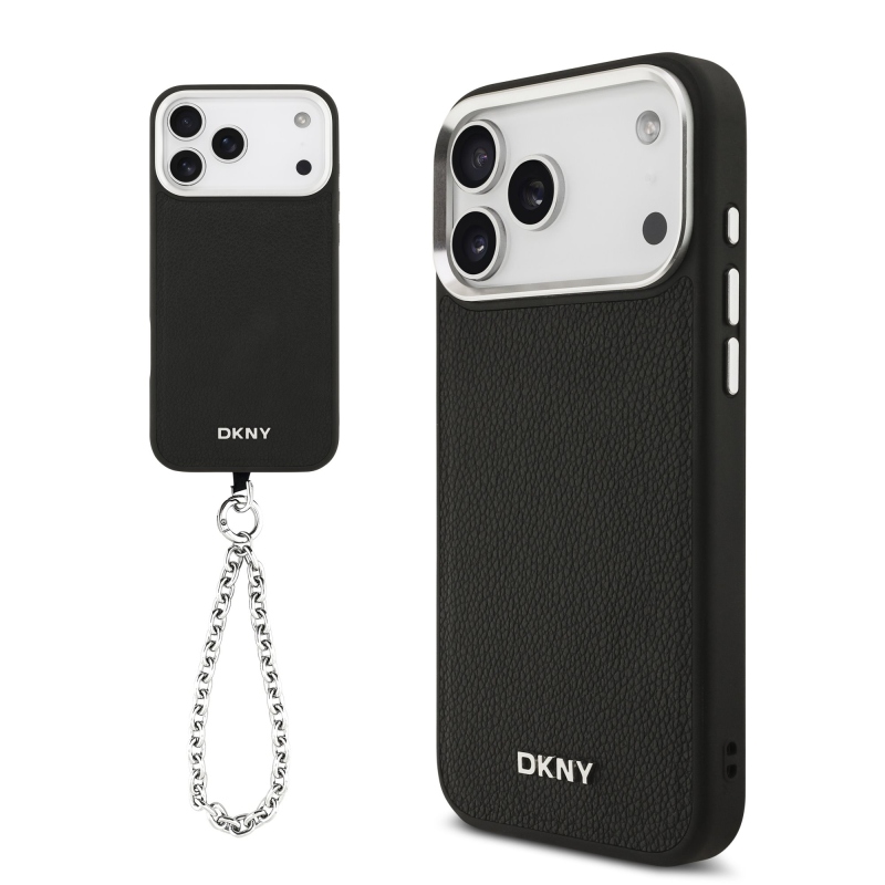 DKNY PU kožený kovový kryt s logom na zápästie MagSafe Back Cover pre iPhone 17 Pro Max Black