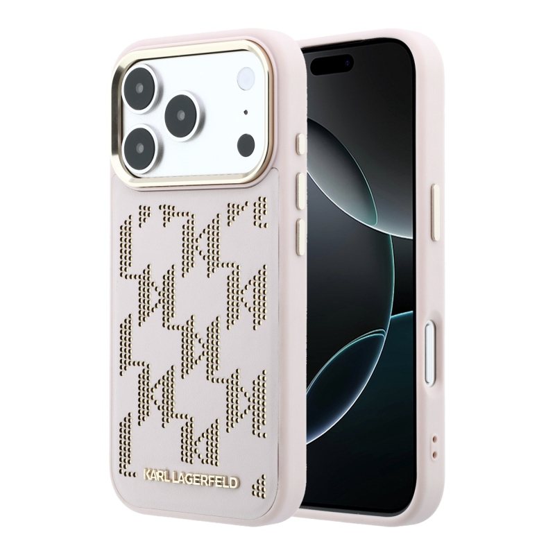 Karl Lagerfeld PU perforovaný Monogram MagSafe zadný kryt pre iPhone 17 Pro Max ružový