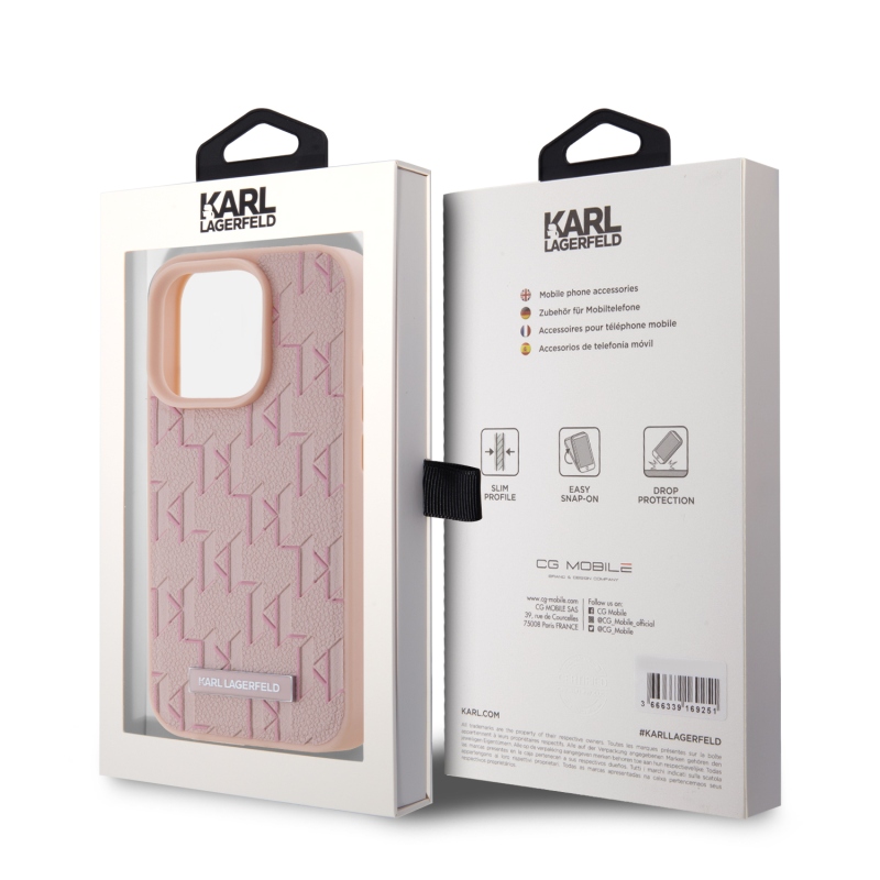 Karl Lagerfeld PU Leather Monogram Metal Logo Magsafe Zadný Kryt pre iPhone 15 Pro Pink