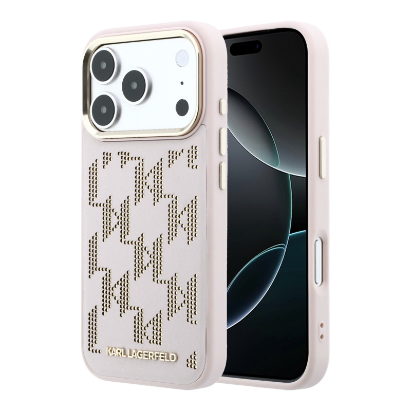 Karl Lagerfeld PU perforovaný obal s monogramom a MagSafe pre iPhone 17 Pro, ružový
