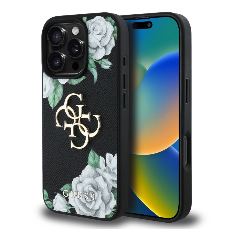Guess PU Grained Roses 4G Metal Logo Zadný Kryt pre iPhone 16 Pro Black
