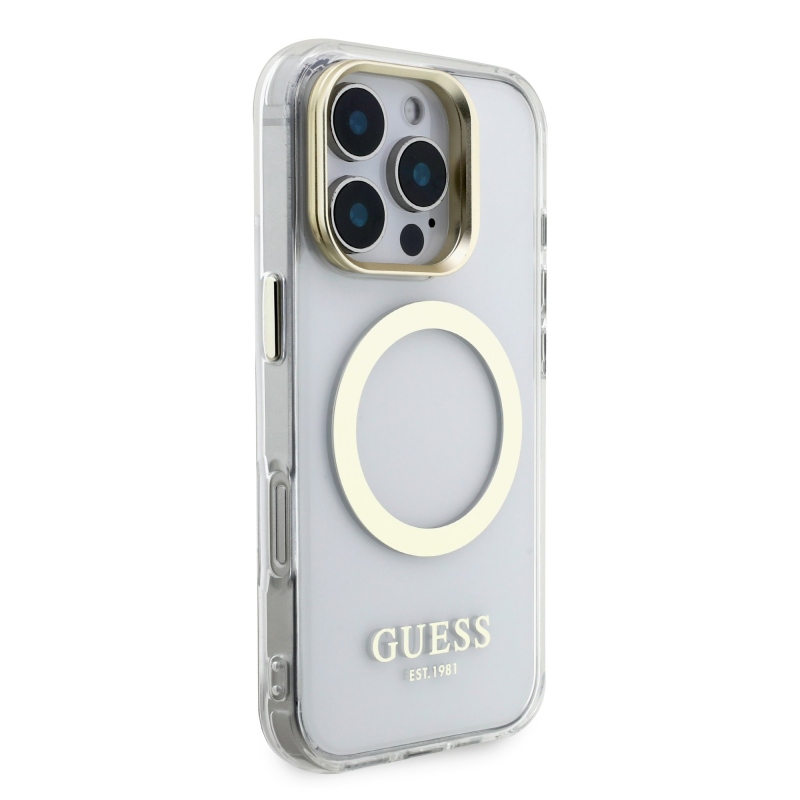 Guess IML Gold Outline Stand Camera Frame MagSafe Zadný Kryt pre iPhone 16 Pro Transparent