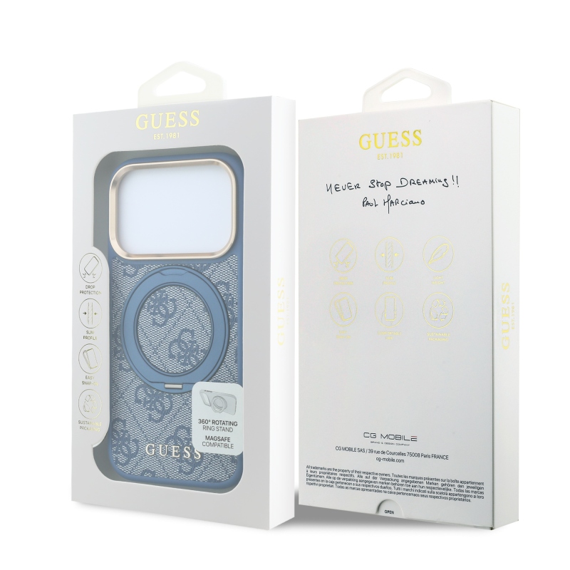 Guess PU 4G Ring Stand MagSafe zadný kryt pre iPhone 18 Pro, modrý