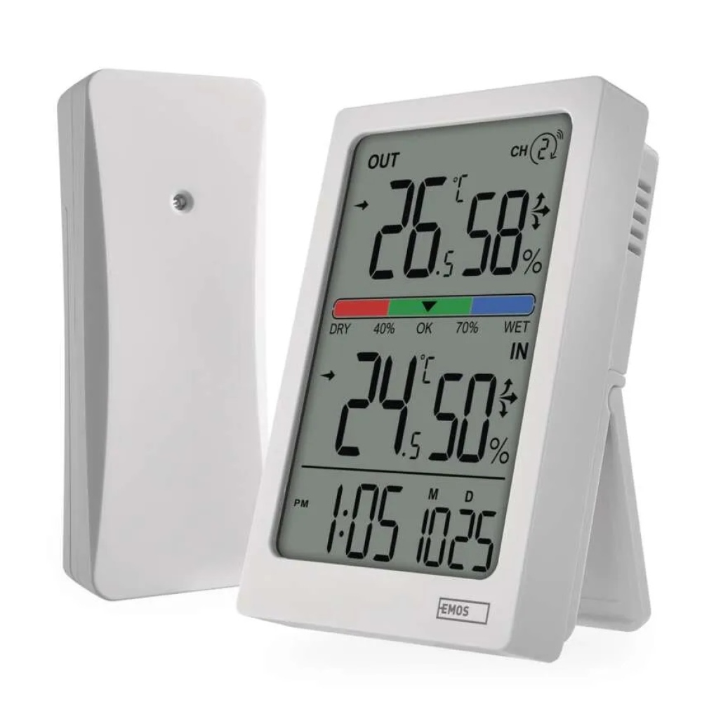 Digitálny teplomer s vlhkomerom, bezdrôtové čidlo, budík, dátum E0558W