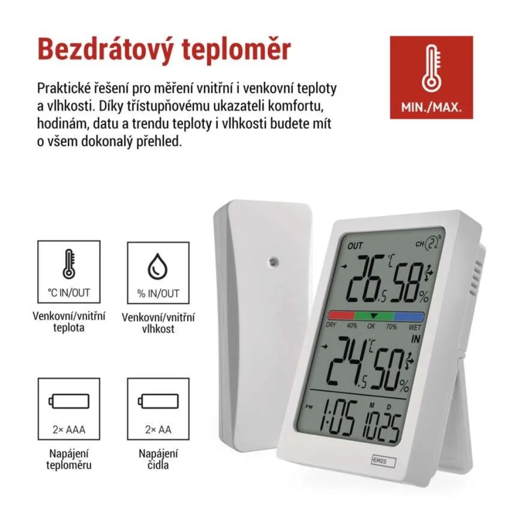 Digitálny teplomer s vlhkomerom, bezdrôtové čidlo, budík, dátum E0558W