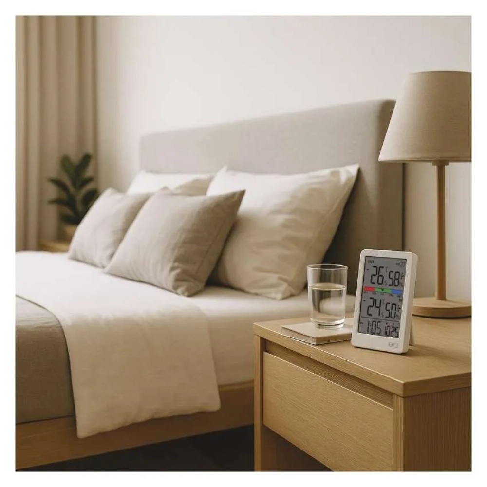 Digitálny teplomer s vlhkomerom, bezdrôtové čidlo, budík, dátum E0558W