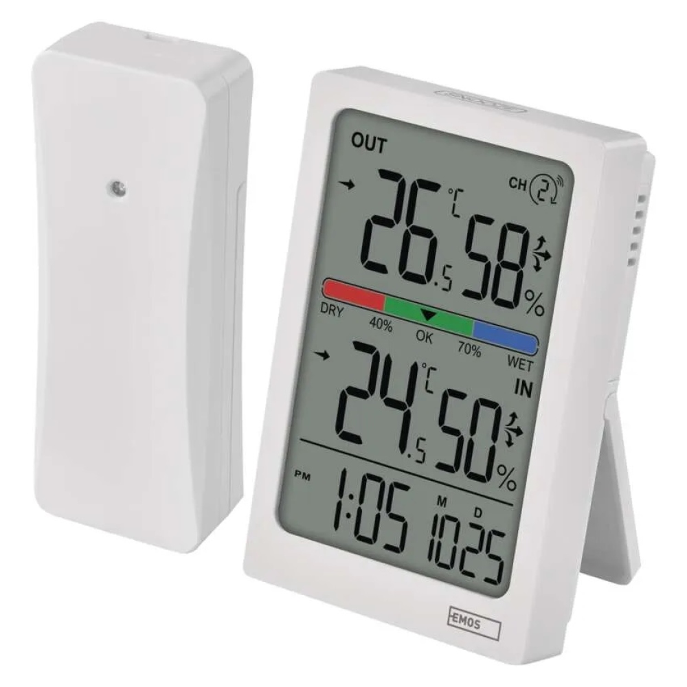 Digitálny teplomer s vlhkomerom, bezdrôtové čidlo, budík, dátum E0558W