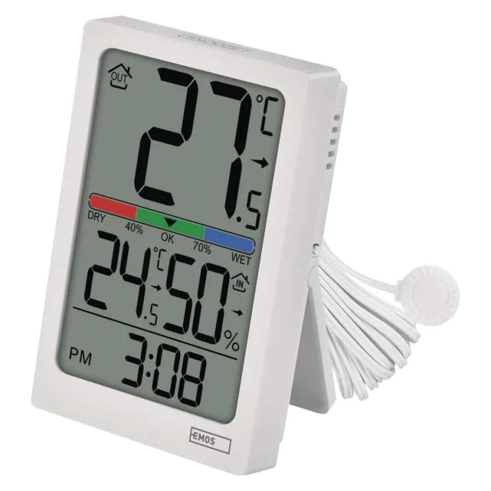 Digitálny teplomer s vlhkomerom, drôtové čidlo, budík E0558P