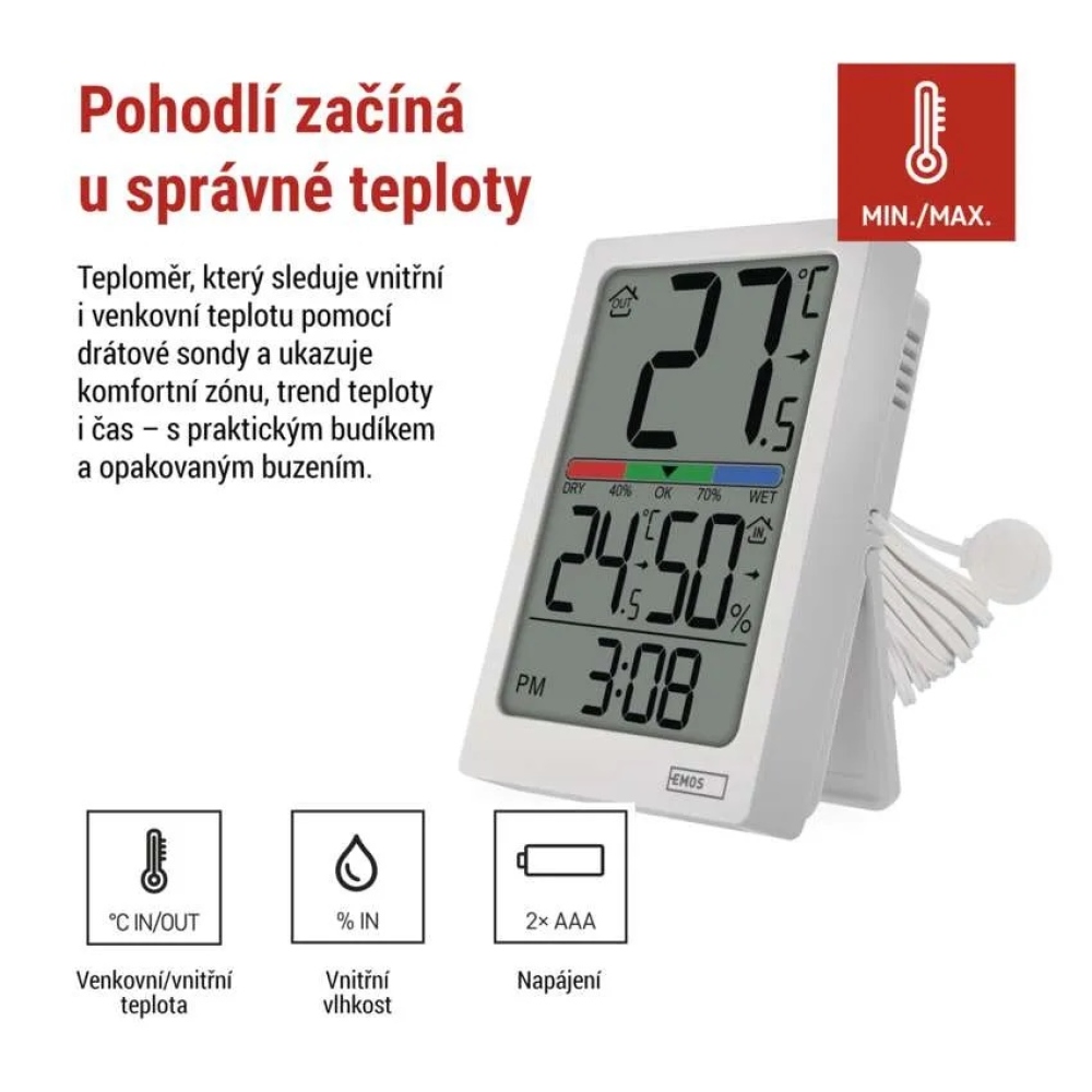 Digitálny teplomer s vlhkomerom, drôtové čidlo, budík E0558P