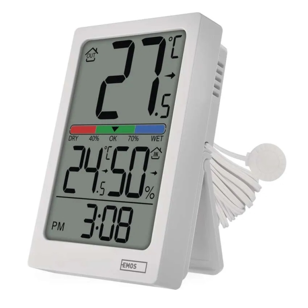 Digitálny teplomer s vlhkomerom, drôtové čidlo, budík E0558P