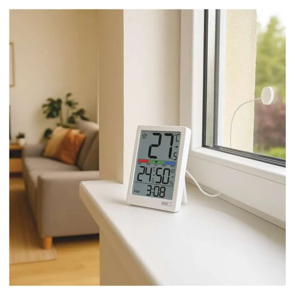 Digitálny teplomer s vlhkomerom, drôtové čidlo, budík E0558P