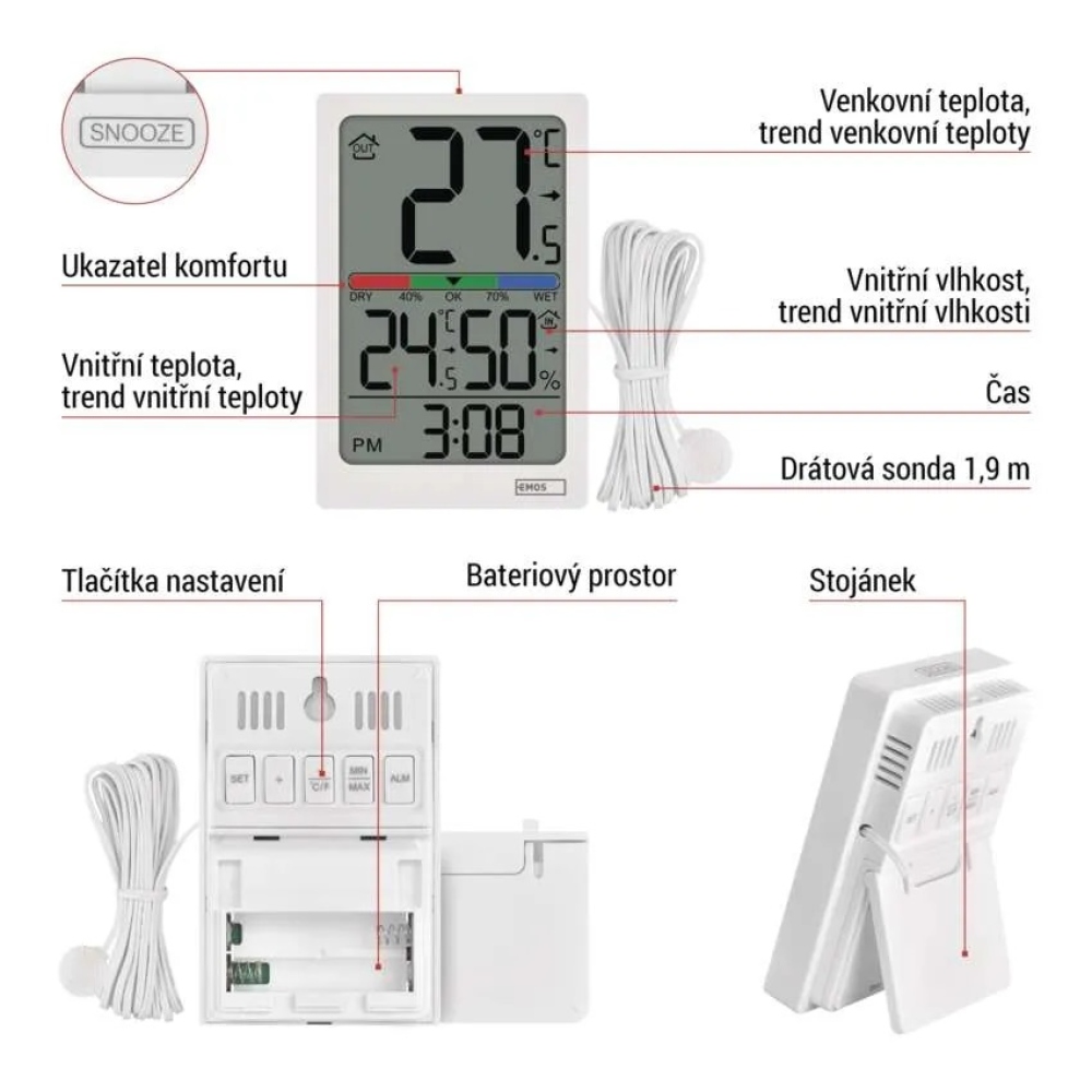 Digitálny teplomer s vlhkomerom, drôtové čidlo, budík E0558P