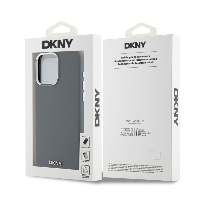 DKNY Liquid Silicone Silver Metal Logo Magsafe Zadný Kryt pre iPhone 15 Pro Max Grey