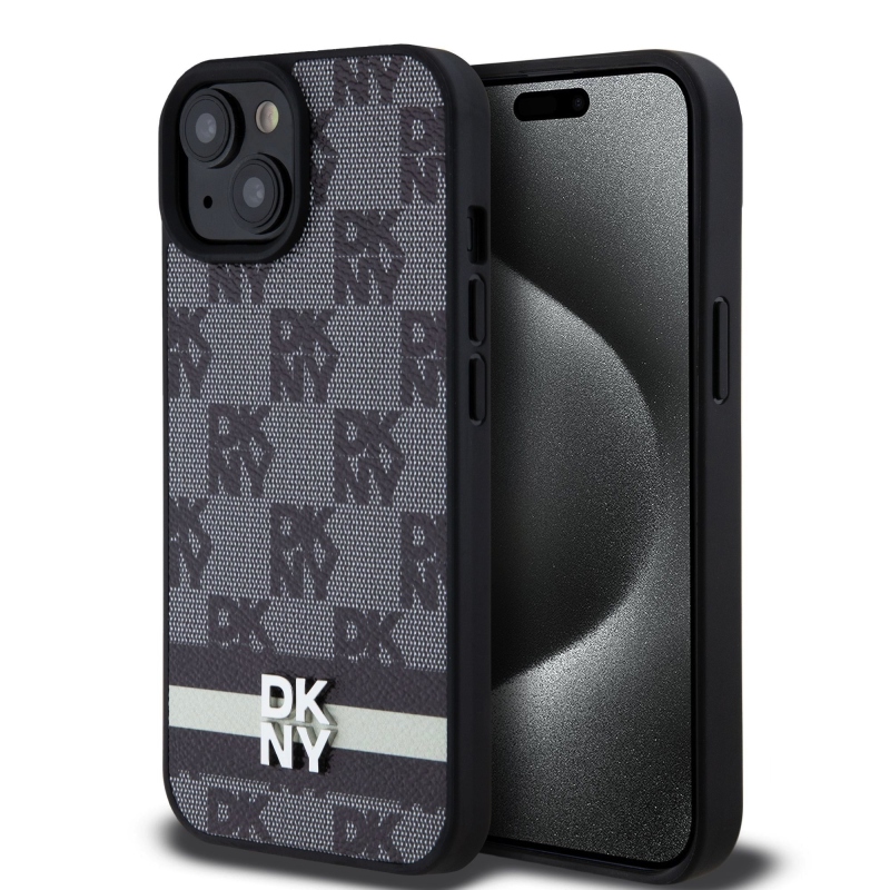 DKNY PU Leather Checkered Pattern and Stripe Zadný Kryt pre iPhone 15 Black