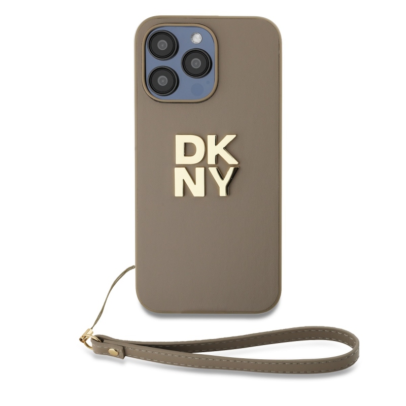 DKNY PU Leather Stack Logo Wrist Strap Zadný Kryt pre iPhone 15 Pro Max Beige