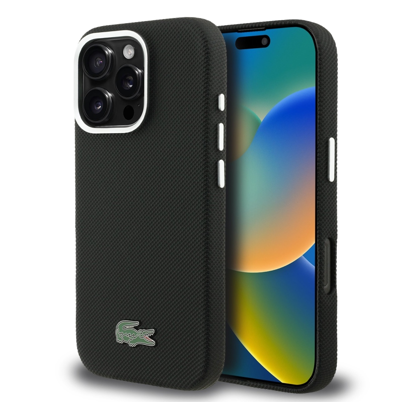 Lacoste PVC Iconic Petit Pique Metal Logo MagSafe zadný kryt pre iPhone 16 Pro Black