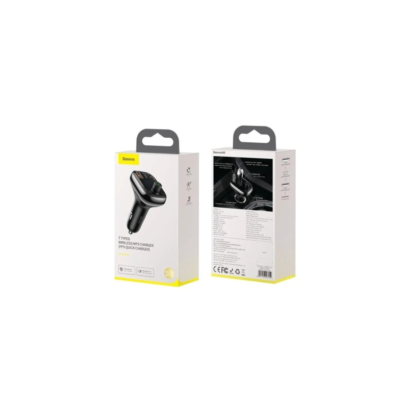 Baseus T Shaped S-13 nabíjačka do auta USB-A/USB-A/USB-C a FM vysielač, čierna