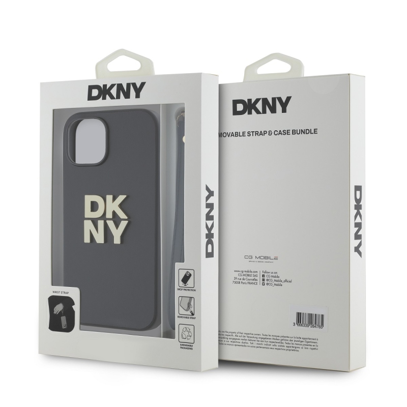 DKNY PU Leather Stack Logo Wrist Strap Zadný Kryt pre iPhone 15 Black