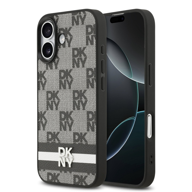 DKNY PU kožený zadný kryt s kockovaným vzorom a pruhmi pre iPhone 17 Black