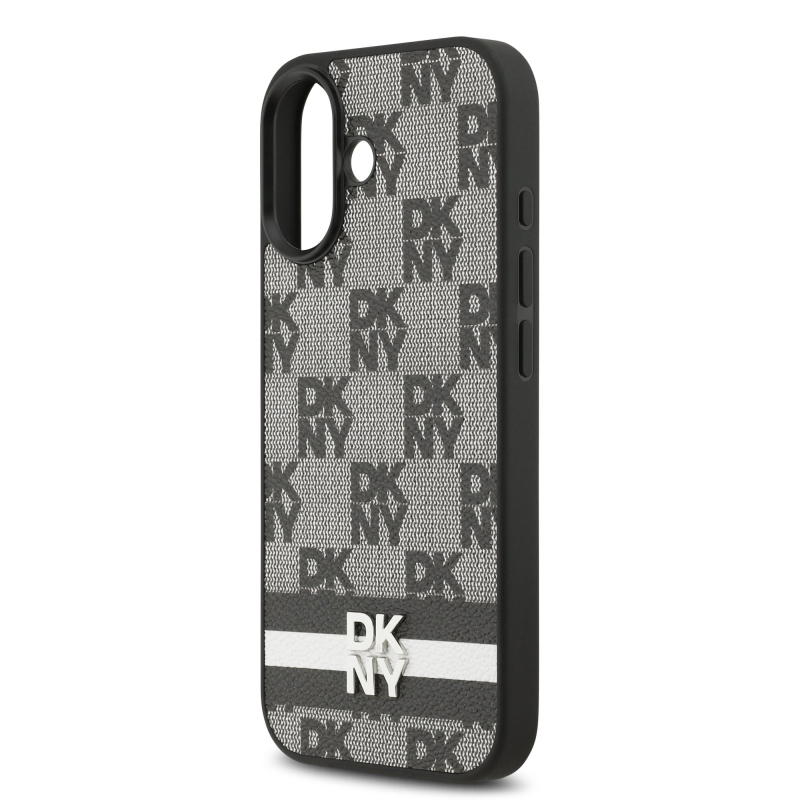 DKNY PU kožený zadný kryt s kockovaným vzorom a pruhmi pre iPhone 17 Black
